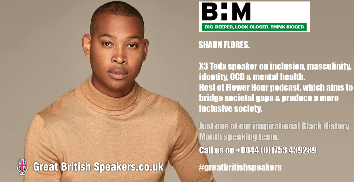 Keynote speaker Shaun Flores inspires on inclusion, masculinity, identity, and mental health. He's the hosts the Flower Hour podcast with guests like Africa Brooke, Lavinya Stennett, and Melz Owusu. ow.ly/sjLk50T5WLF  

#GreatBritsihSpeakers #BlackHistoryMonth
