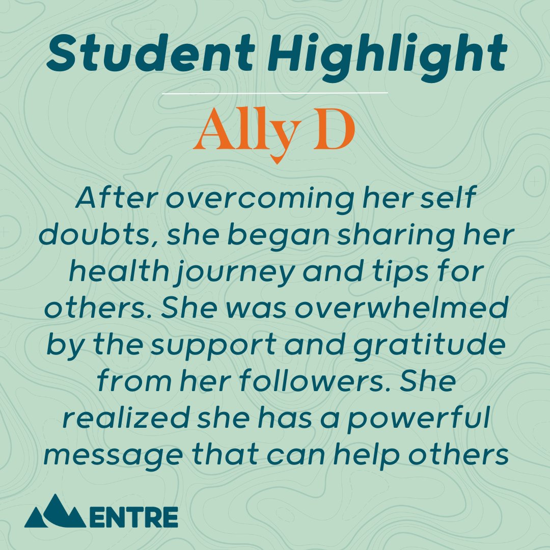 ENTRE_Education's tweet photo. 🌟 Student Highlight - Ally D 🌟

Meet Ally, who overcame her self-doubts to share her health journey and tips with others. The overwhelming support and gratitude from her followers made her realize the power of her message and its potential to help others.

#ENTRE https://t.co/akwSFA6NPs