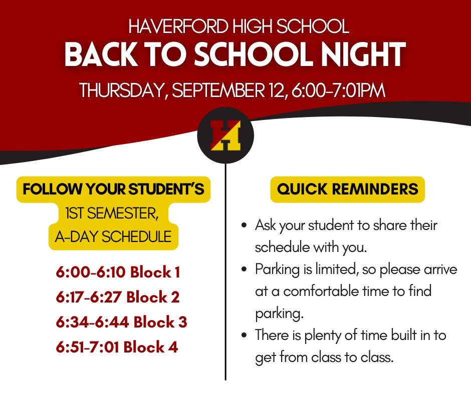 Haverford HS (@haverford_hs) on Twitter photo Don't forget to join us tomorrow, Thursday, 9/12, for Back to School Night at HHS! We will follow your student's 1st semester A-Day schedule. <a href="/haverfordsd/">Haverford SD</a> #GoFords #HaverfordHS Don't forget to join us tomorrow, Thursday, 9/12, for Back to School Night at HHS! We will follow your student's 1st semester A-Day schedule. <a href="/haverfordsd/">Haverford SD</a> #GoFords #HaverfordHS