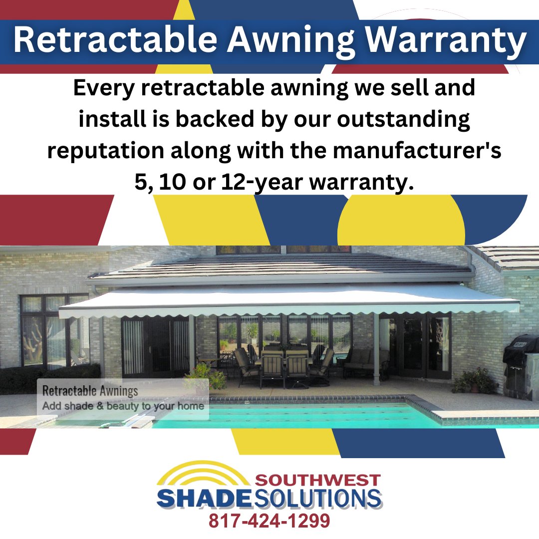 SWShadeSolution's tweet image. Interested in learning more about our retractable awnings? All our products are installed by factory-trained crews and come with a one-year installation warranty in addition to the manufacturer's individual warranty.

southwestshadesolutions.com