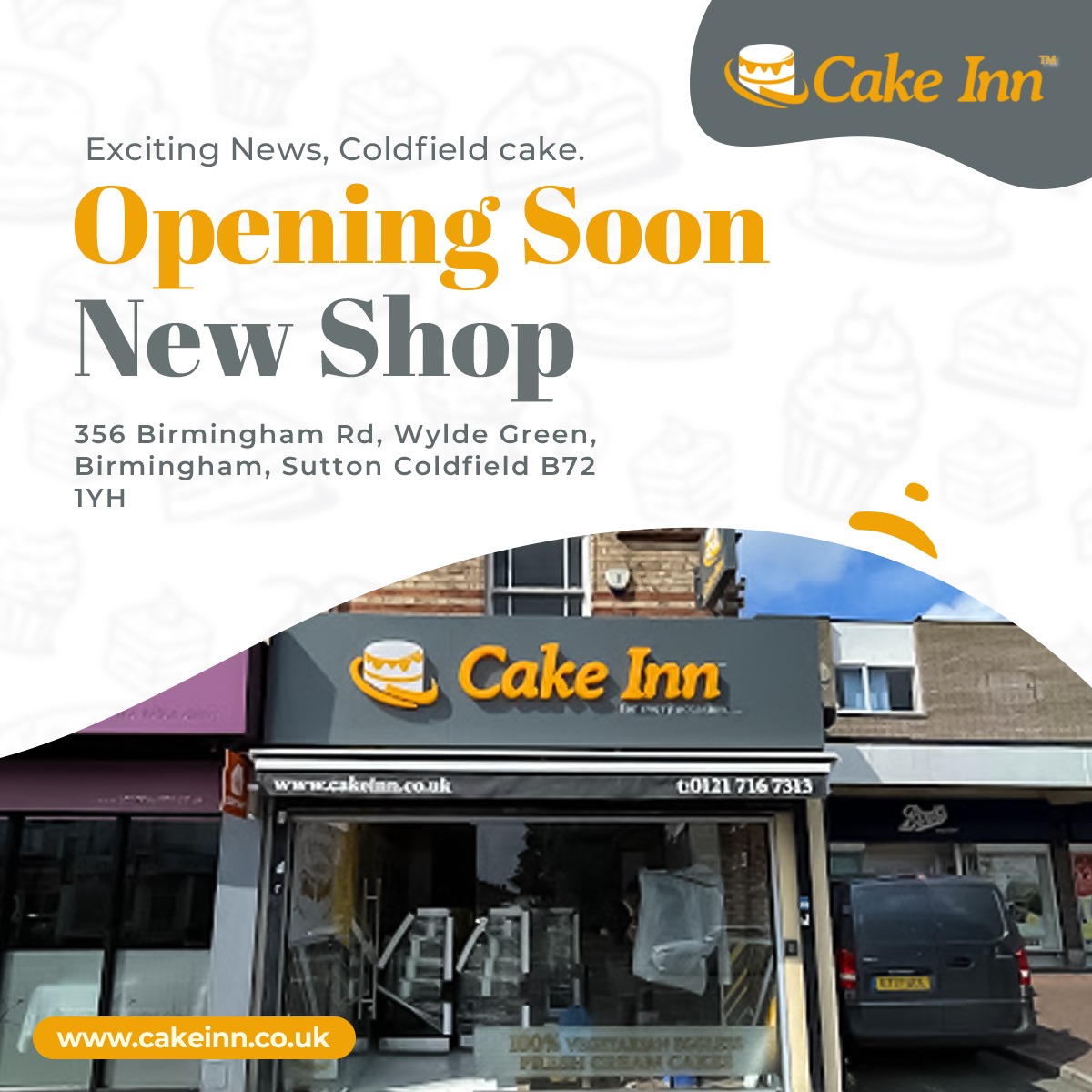 Cake Inn Sutton Coldfield Opening Soon! 
Exciting news, Sutton Coldfield! Cake Inn is opening at 356 Birmingham Rd! 
 From eggless cakes to custom photo cakes, we’ve got you covered. #CakeInn #SuttonColdfield #CakeInnOpening #EgglessCakes #OpeningSoon