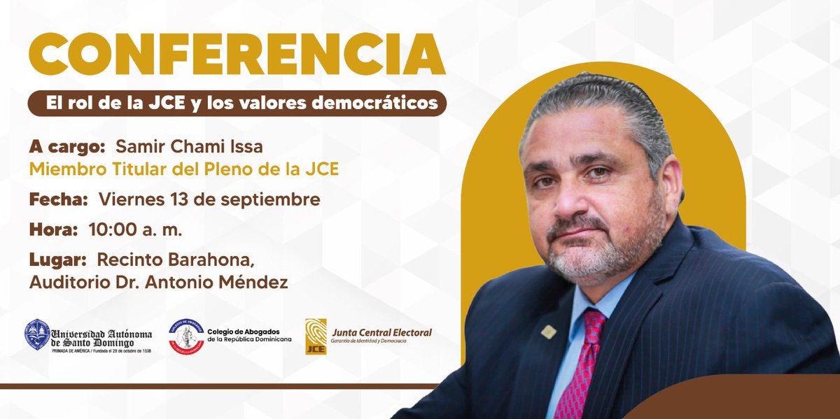 La #JCE les invita a la conferencia titulada "El rol de la Junta Central Electoral y los valores democráticos", a cargo del miembro titular del Pleno, <a href="/samirchamiisa/">Samir Chami Isa</a>, este viernes 13 de septiembre en el recinto de la UASD, Barahona.

¡Atento a nuestra cobertura!