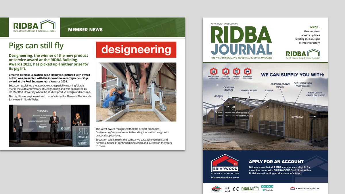 Yes, pigs can still fly! Thanks <a href="/RIDBA_Office/">RIDBA</a> for featuring our Innovative Pig Lift designed for <a href="/BTWsanctuary/">Beneath The Wood Sanctuary Ⓥ 𓃟 Pigoneer</a> in your latest journal. Visit designeering.com/product-design to see how we can make your new ideas a reality. #Engineering #Design #PigLift #Pigoneer