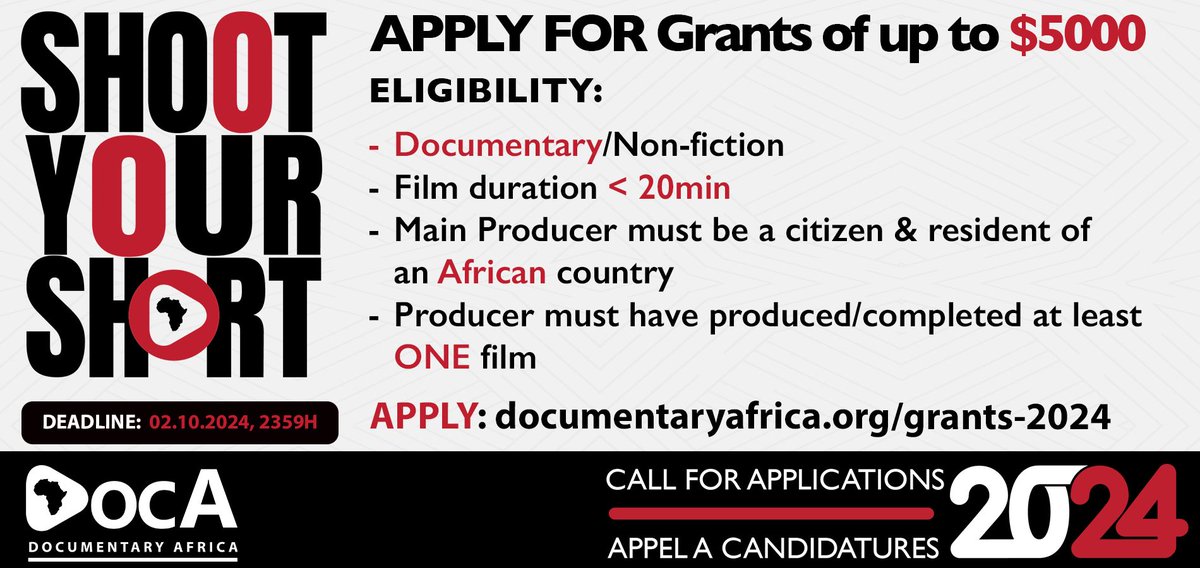 gijnAfrica's tweet photo. 💰 Short Film Grants!

Are you an African documentary filmmaker or producer in need of financing support for your project?

@officialDocA is offering grant funding of up to $5,000 to support short-form documentary projects.

Deadline: October 2. https://t.co/NxJrvRVpIu https://t.co/fMtb1Ww3VK