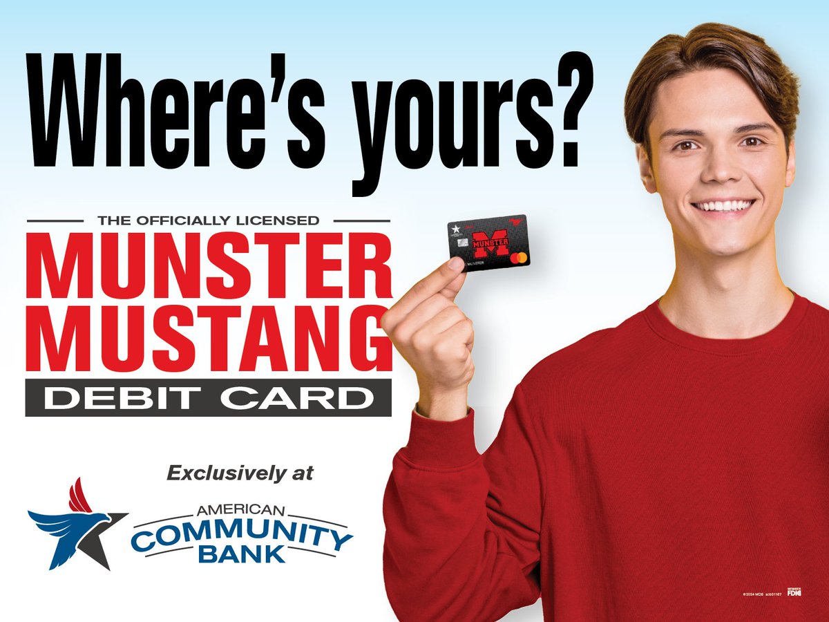 Munster_Sports's tweet photo. We are Munster! With your unique Munster Mustang Debit card, exclusively from American Community Bank, show everyone who you support. Get yours today! Bank local! #acbanker #banklocal #munstermustangs https://t.co/SkWTsdu90x