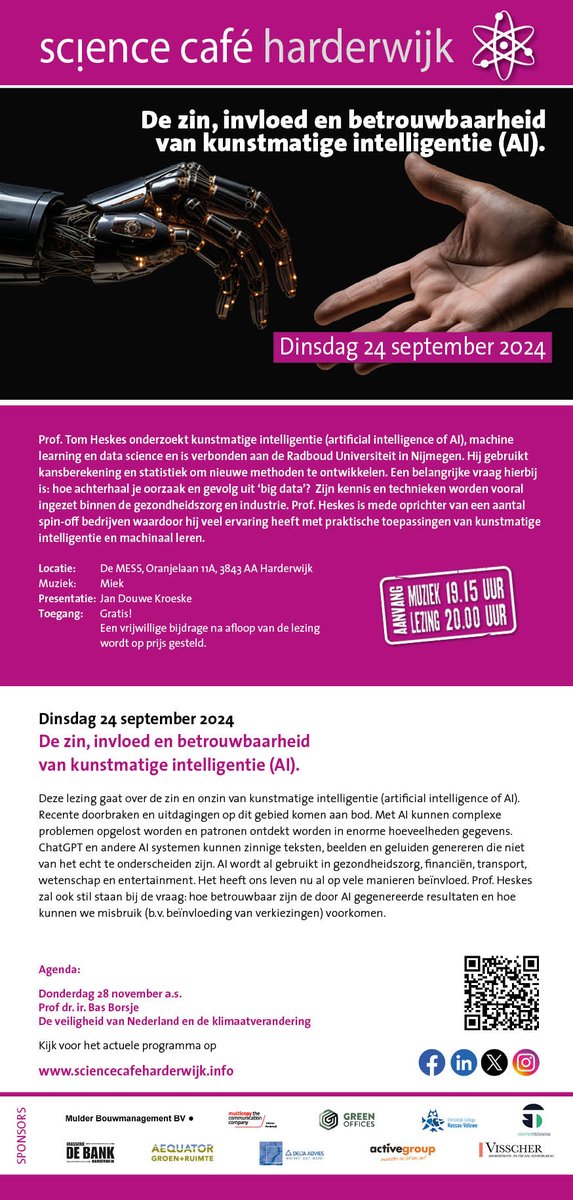 sciencecafehw's tweet photo. Dinsdag 24 september weer de eerste Science Cafe avond van het seizoen. Het gaat over de zin en onzin/gevaren van kunstmatige intelligentie. We hebben er nu al dagelijks mee te maken. 
Kom luisteren en neem familie en/of vrienden mee vanaf 19.30 in de MESS. https://t.co/COBpWauCsd
