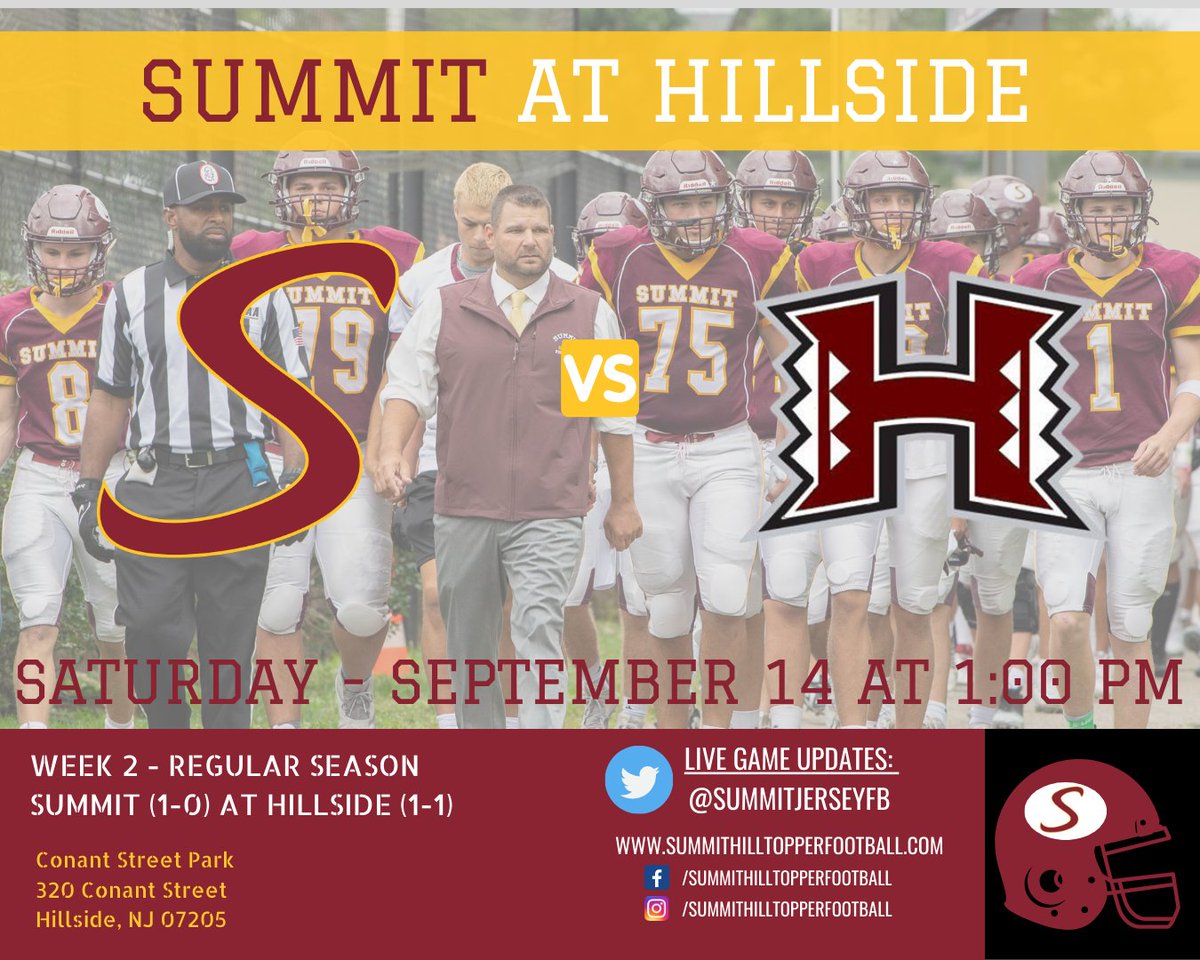 Week 2 - Regular Season
Summit (1-0) at Hillside (1-1)

Saturday - September 14 at 1:00 PM

Conant Street Park
320 Conant Street
Hillside, NJ 07205