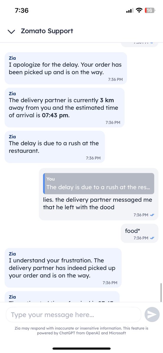 cleanholyground's tweet photo. @zomato @zomatocare turns out your ai has been trained to lie https://t.co/HKWsLso8M2