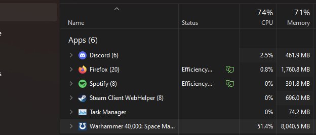 sunrbg's tweet photo. Space Marine 2 is making me contemplate building a new PC, no other game I play rn reaches this amount of resource usage 😭 Not even Darktide https://t.co/CTth1leH6k