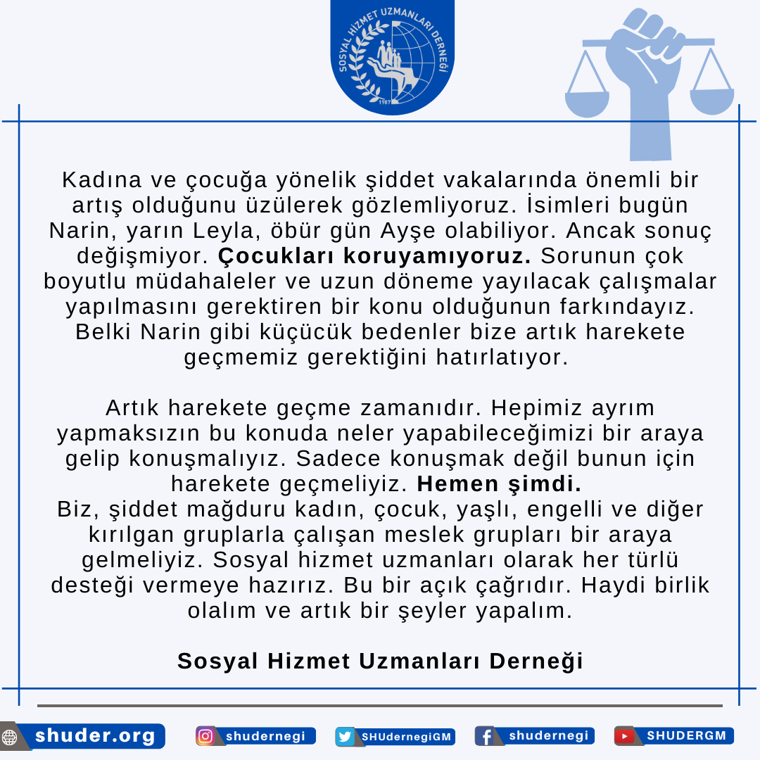 Kadına ve çocuğa yönelik şiddet vakalarında önemli bir artış olduğunu üzülerek gözlemliyoruz. İsimleri bugün Narin, yarın Leyla, öbür gün Ayşe olabiliyor. Ancak sonuç değişmiyor. Çocukları koruyamıyoruz. (+)