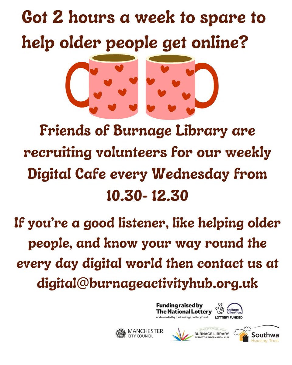Burnage Library (@burnagelibrary) on Twitter photo We're recruiting volunteers for our weekly Digital Cafe. email us at digital@burnageactivityhub.org.uk for more information. We're recruiting volunteers for our weekly Digital Cafe. email us at digital@burnageactivityhub.org.uk for more information.