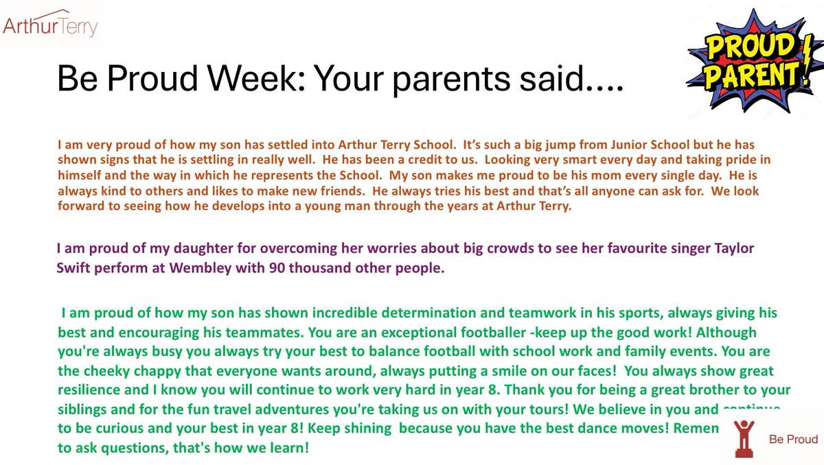 ArthurTerrySch's tweet photo. 🌟 Be Proud Week 🌟

As part of our #BeProud celebration, we asked some parents to share what makes them proud of their children. 

We are #Prouder than words can comprehend of our students and we thank you for sharing these heartwarming examples 💙❤️👏🤗

@the_atlp https://t.co/TFZjxJDIzv
