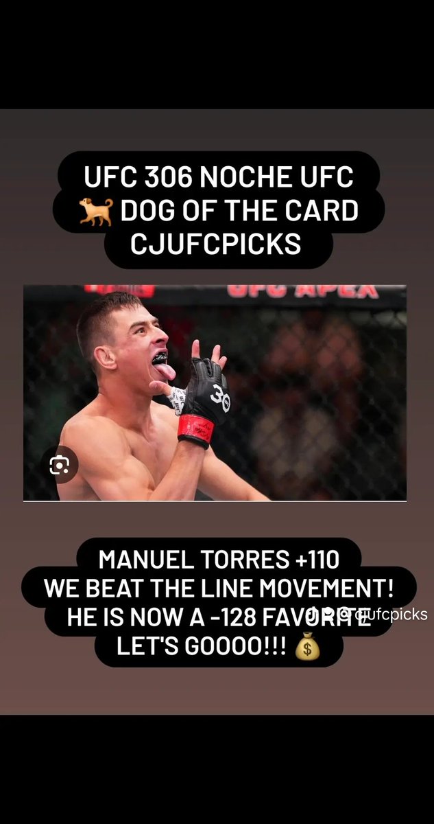 CJUFCPicks's tweet photo. Dog of The Card for UFC 306 NOCHE UFC! #MMATwitter #GamblingX #ufc306 #nocheufc #omalleyvsdvalishvili #ufcsphere #elloco #manueltorres #mmamexico #underdog #ufcpicks #ufcpredictions #ufcfightnight #lasvegassphere #ufcppv #fight #knockout #fyp #cjufcpicks https://t.co/Rx7yLScwVi