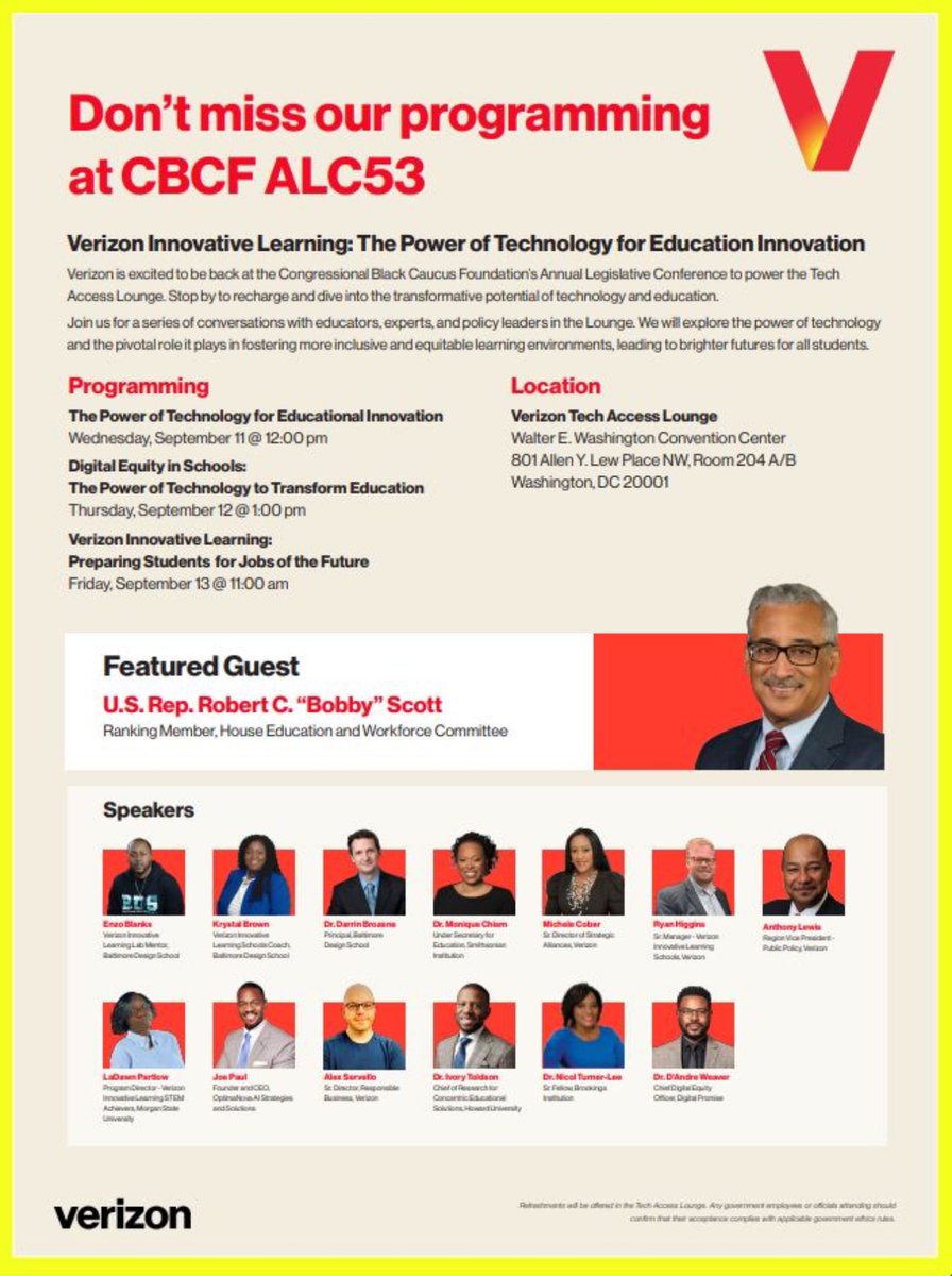 Excited to join an incredible panel at #ALC53 during the Congressional Black Caucus Foundation’s Annual Legislative Conference! Join me on Thursday, September 12, at 1PM in the <a href="/VerizonPolicy/">Verizon Policy</a> Tech Access Lounge!

#EducationReform #DigitalEquity #TechForGood #OptimaNovaAI #CEOJoe