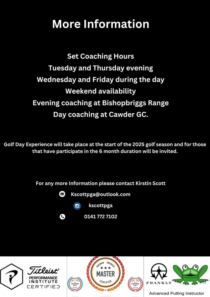 ⛳️ NEW WINTER COACHING
PROGRAMME❄️
The off season is the perfect time to reflect, build a plan and work towards the necessary changes that will improve your golf
If you're looking to take your game to the next level then get involved!
📧 kscottpga@outlook.com