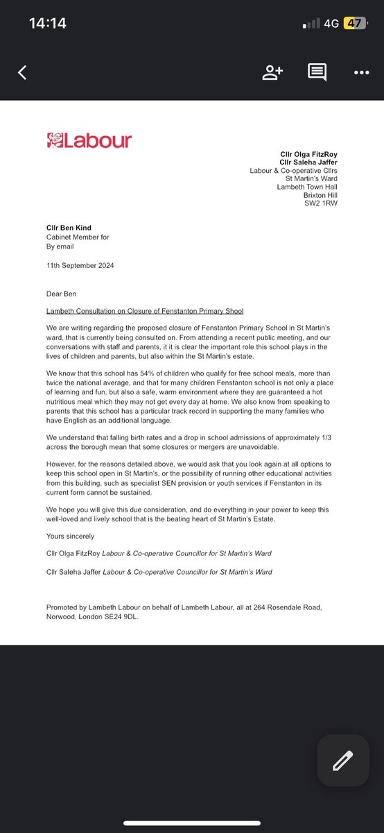We have written to <a href="/benkind/">Ben Kind</a> regarding the proposal to close Fenstanton Primary School that is currently being consulted on by Lambeth. 1/2