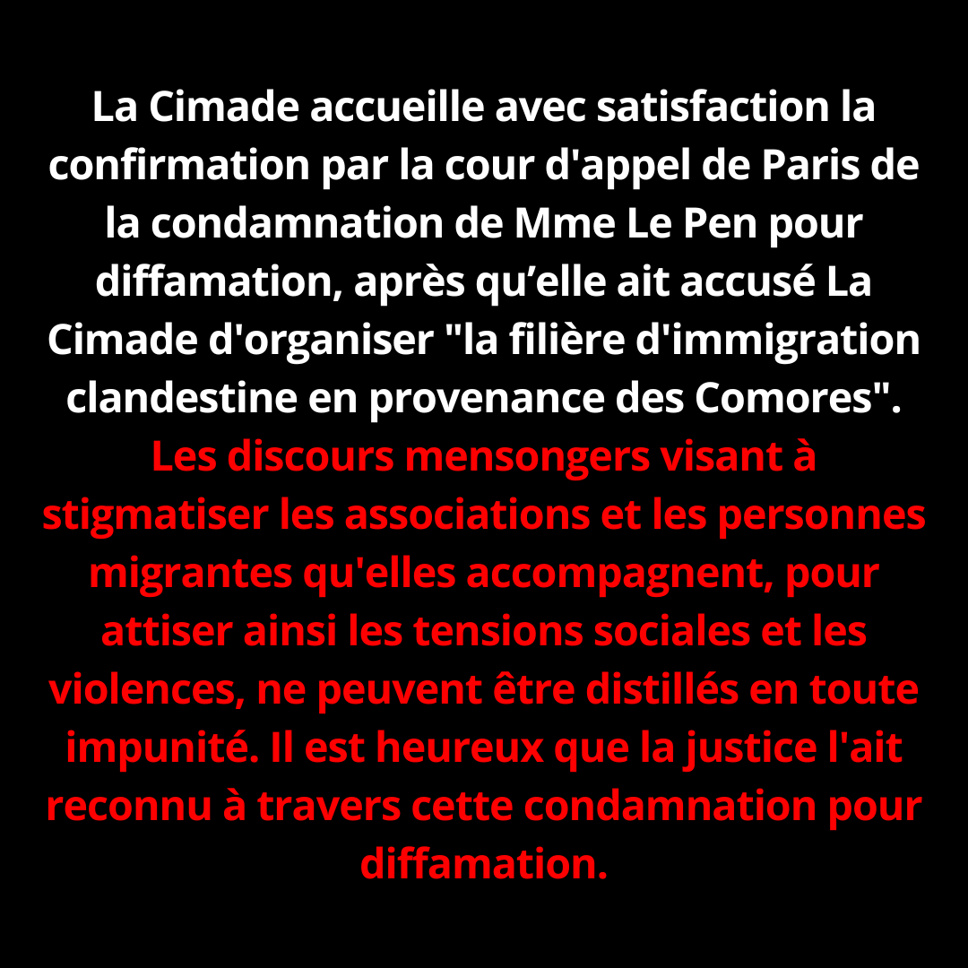 🔴Communiqué de presse | Marine Le Pen condamnée pour diffamation envers La Cimade.
▶️ lacimade.org/presse/marine-…