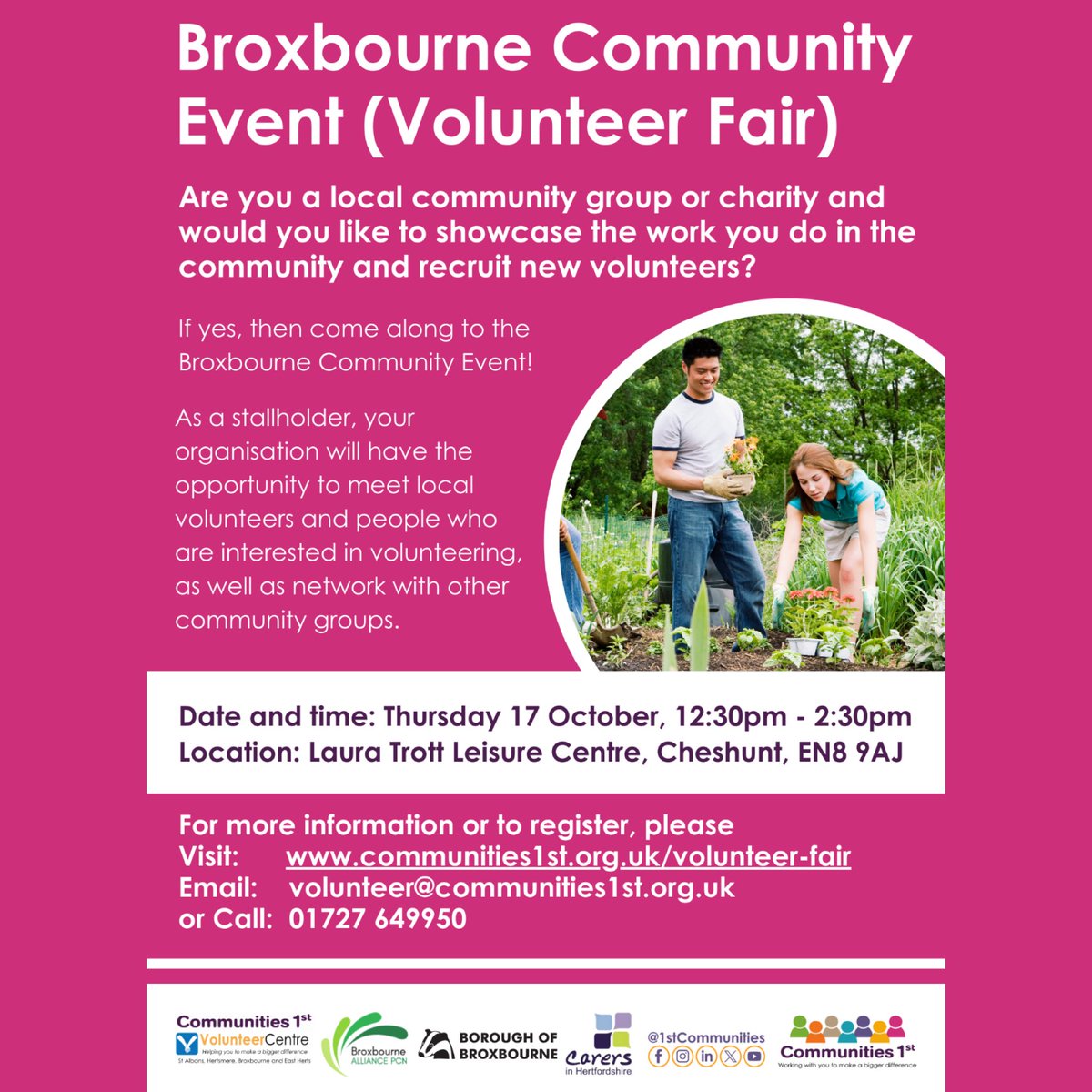 Broxbourne Community Event &amp; Volunteers Fair on Thursday 17th October, at Laura Trott Leisure Centre. Bringing together local community groups and charities in the community. This is a great opportunity to showcase local services, meet local volunteers and network with partners.