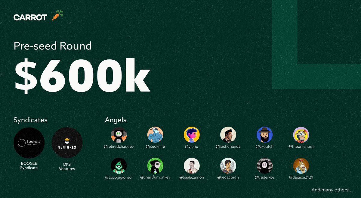 DeFiCarrot's tweet image. 1/ We're excited to share that we have closed a small $600k pre-seed round!

A key step in our mission to simplify earning top yields across Solana's DeFi ecosystem.