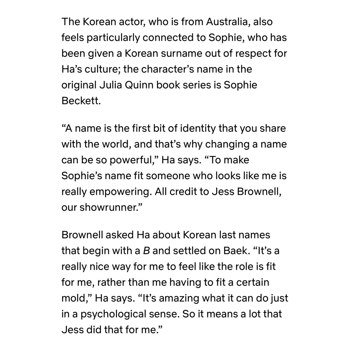 Yerin Ha on Sophie’s surname changing from Beckett to Baek for ‘BRIDGERTON’ season 4.

“To make Sophie’s name fit someone who looks like me is really empowering. All credit to Jess Brownell, our showrunner.”

🔗: bit.ly/3Zh3vYh