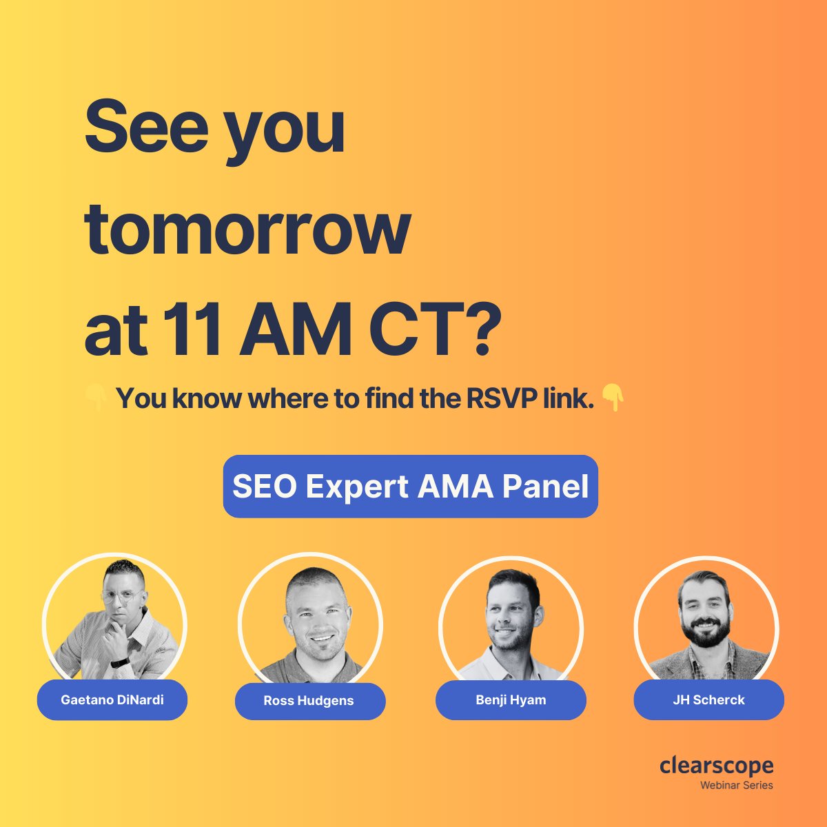 Bernard Huang (@bernardjhuang) on Twitter photo Don’t miss out on hearing from these #SEO TOMORROW during our B2B SEO #AMA Panel: <a href="/gaetano_nyc/">Gaetano DiNardi</a> <a href="/benjihyam/">Benji Hyam</a> <a href="/JHTScherck/">JH Scherck</a> and <a href="/RossHudgens/">Ross Hudgens</a> 💪
Submit your questions for the group before we go live at 11 AM CT tomorrow.
See you there! 👊 Don’t miss out on hearing from these #SEO TOMORROW during our B2B SEO #AMA Panel: <a href="/gaetano_nyc/">Gaetano DiNardi</a> <a href="/benjihyam/">Benji Hyam</a> <a href="/JHTScherck/">JH Scherck</a> and <a href="/RossHudgens/">Ross Hudgens</a> 💪
Submit your questions for the group before we go live at 11 AM CT tomorrow.
See you there! 👊
