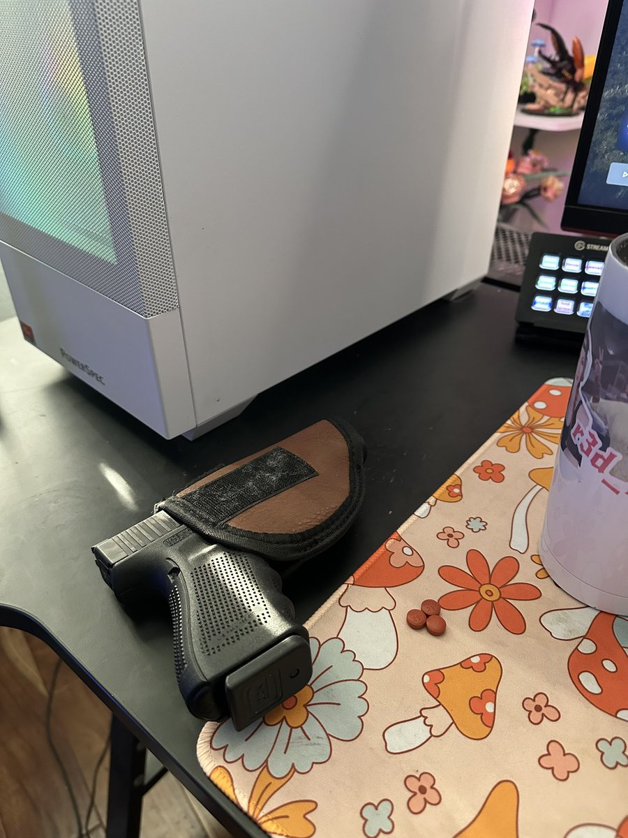 R3D_H4WT's tweet photo. Last week someone broke into my neighbors home, shot her dog with a BB gun and stole all her belongings. Now when I am streaming and home alone I have this on my desk. Can’t even feel safe in my own home now. https://t.co/KibwwmK19H