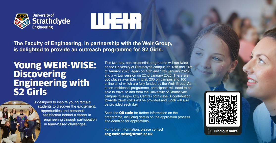 Strathclyde Engineering (@stratheng) on Twitter photo 📢Applications will open in 1 WEEK for our Young WEIR WISE programme in January 2025!
300 places are available, with 200 girls attending on campus, and 100 attending virtually.
An amazing opportunity for S2 girls in Scotland <a href="/weirgroup/">The Weir Group</a> tinyurl.com/yp4wc3hf 📢Applications will open in 1 WEEK for our Young WEIR WISE programme in January 2025!
300 places are available, with 200 girls attending on campus, and 100 attending virtually.
An amazing opportunity for S2 girls in Scotland <a href="/weirgroup/">The Weir Group</a> tinyurl.com/yp4wc3hf