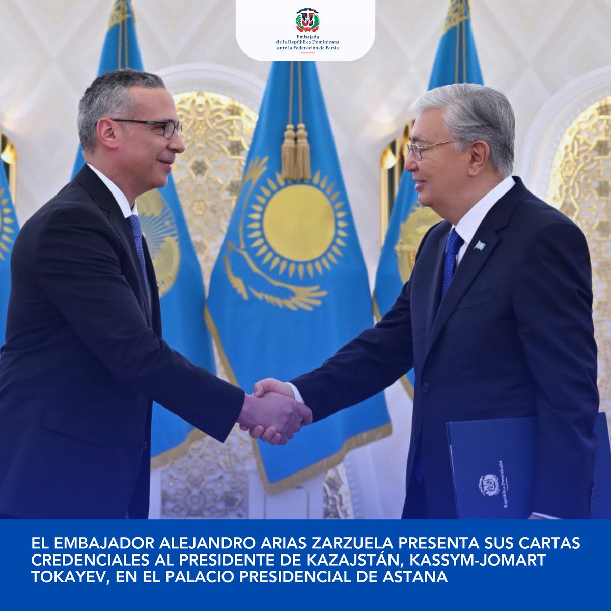 RDenRusia's tweet photo. En la mañana de este miércoles 11 de septiembre, el embajador @AlejandroAriasZ presentó ante Su Excelencia, el Sr. Presidente Kassym-Jomart Tokayev, las Cartas Credenciales que le acreditan como Embajador de la República Dominicana ante la República de Kazajstán. https://t.co/KqBUfdHtw6