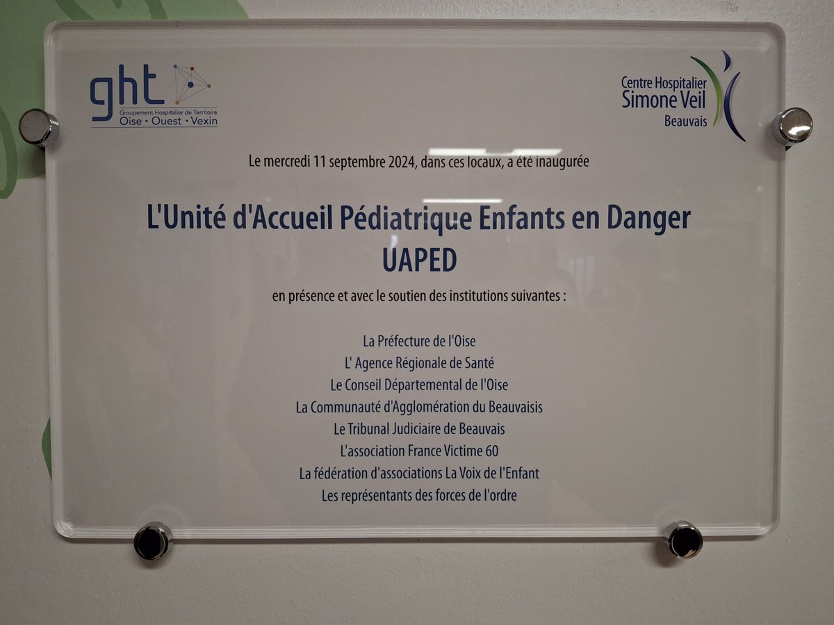 Inauguration de l'unité d'accueil pédiatrique enfance en danger (UAPED) du CH Beauvais 

👉 Un lieu pluridisciplinaire pour une prise en charge globale (médicale, médico-légale, judiciaire) et adaptée des mineurs victimes de violences