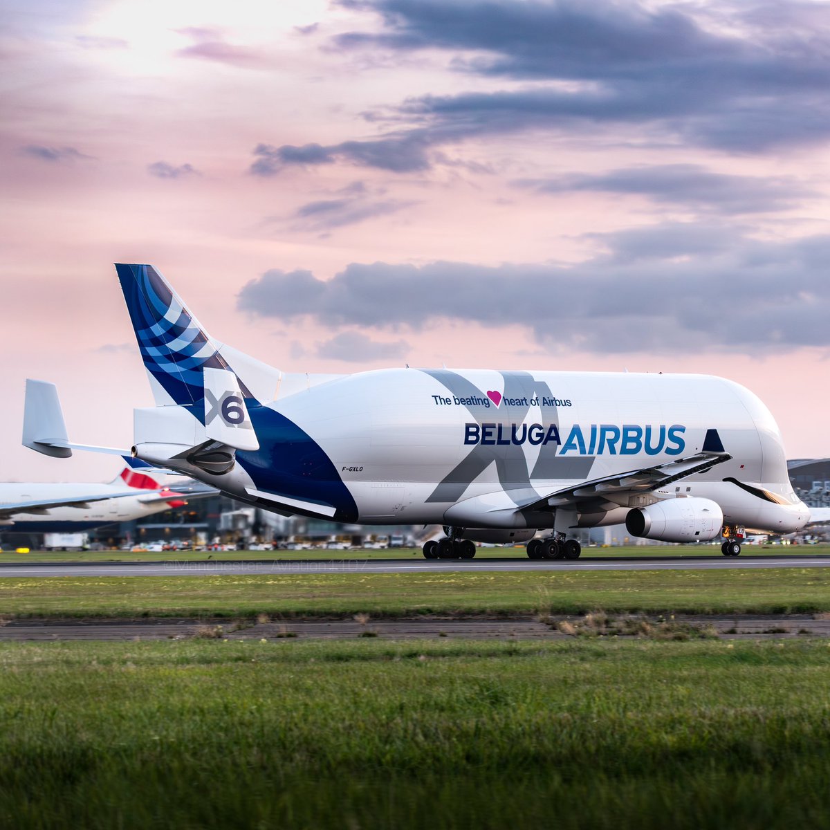 ManAviation1107's tweet photo. The @Airbus #BelugaXL making its debut at @HeathrowAirport on Monday! 🤩 Amazing to see this unique aircraft, the newest of the Beluga fleet, just as the sun was setting 🔥 The XL came to deliver a horizontal stabiliser for a wounded @British_Airways A350 ✈️

@AirbusintheUK https://t.co/772eH7F2iE