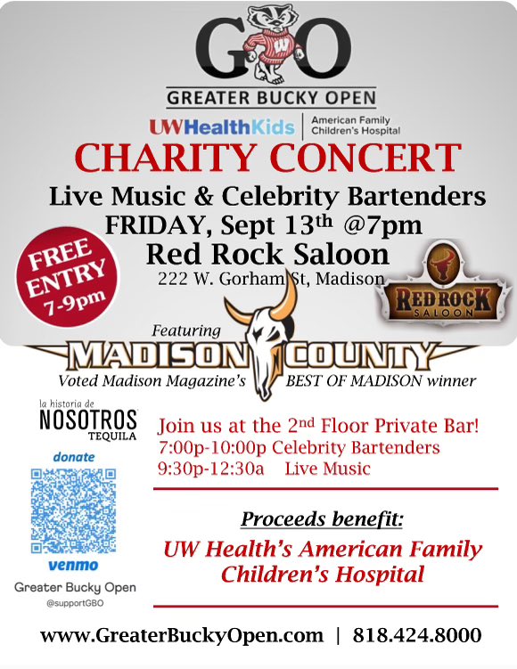 FRIDAY NIGHT 9.13.24 ~ Madison County Charity Concert at the Red Rock Saloon Madison 

⏰7:00pm-10:00pm Celebrity Bartenders (2nd floor)
⏰9:30pm-12:30am Madison County band 

Bring friends!! <a href="/MadCounty/">Madison County</a>