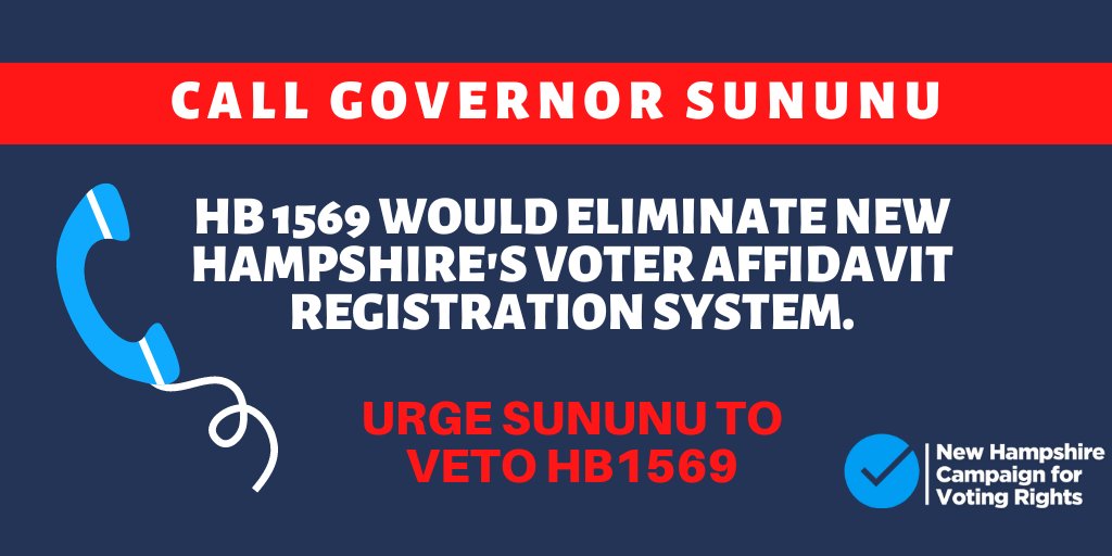 NHVotingRights's tweet image. HB1569 is on the Governor's Desk. Call Governor Sununu at 603-271-2121 right now to urge him to VETO this bill! 603forward.org/stophb1569