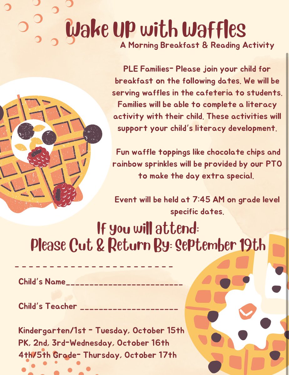 Please join us for a morning of breakfast &amp; literacy activities! See below for grade level specific dates! 🧇