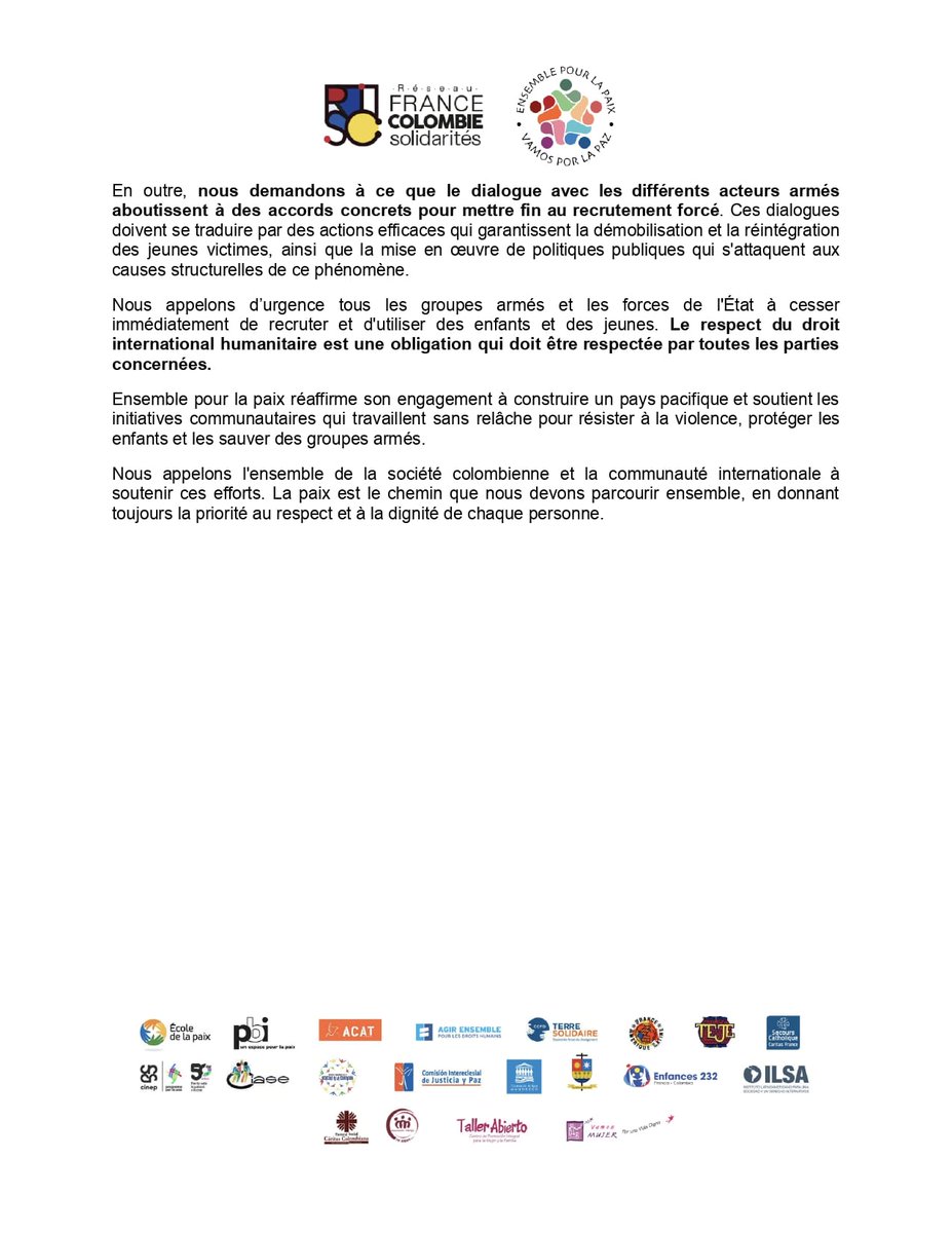 [#Communiqué] <a href="/VamosPaz/">Vamos por la paz - Ensemble pour la paix Colombie</a> et le <a href="/ReseauFranceCol/">Réseau France-Colombie Solidarités</a> rejettent le recrutement forcé et l'instrumentalisation d'enfants, d'adolescents et de jeunes et exigent une action immédiate de la part du gouvernement national.

Lisez le communiqué complet: drive.google.com/file/d/1YaI8fF…