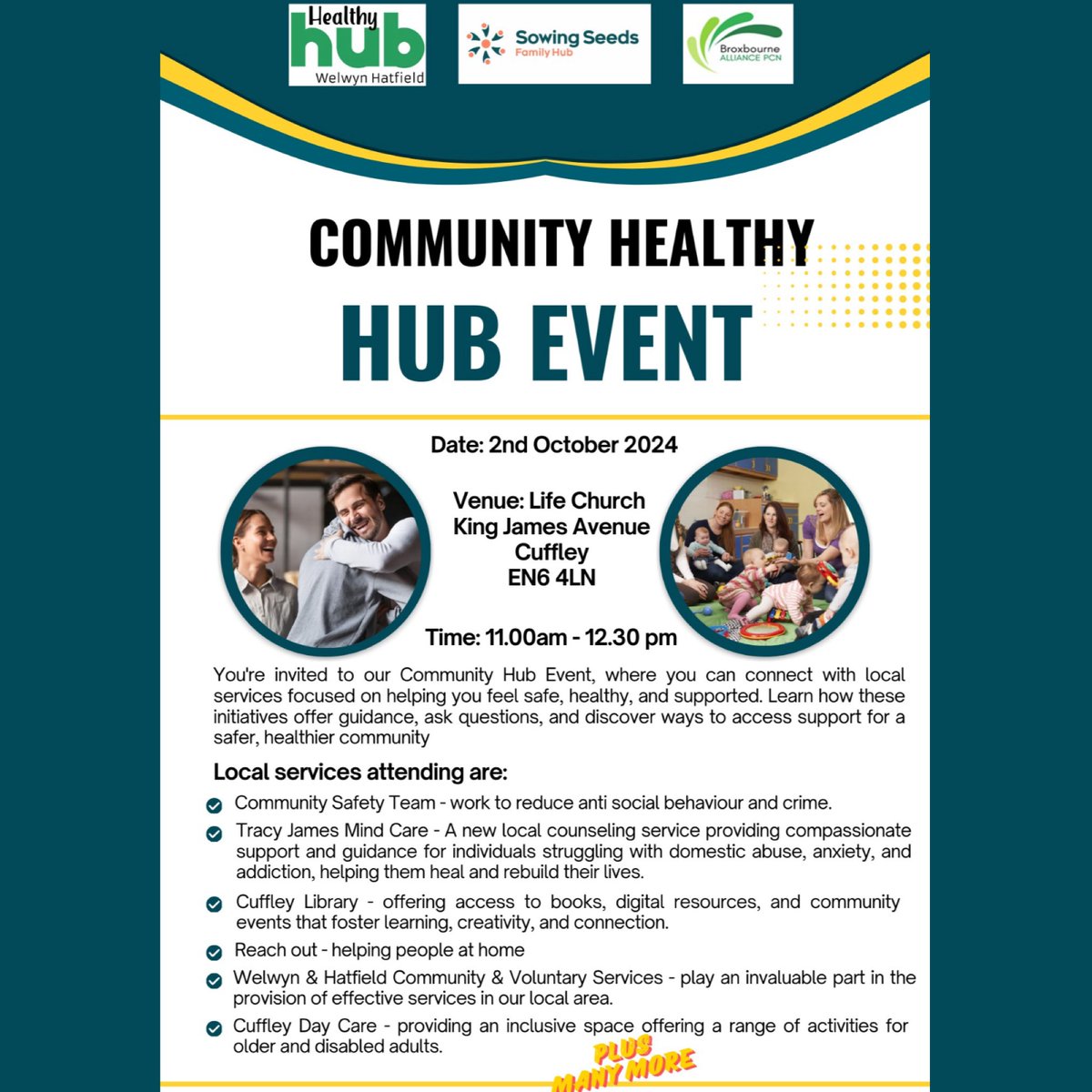 Join us at the Community Healthy Hub Event🌟Come to connect with local services and ask questions, it will be a fantastic opportunity to discover support for a healthier, safer community. We hope to see you there! 🗓Wednesday 2nd October, 11am - 12:30pm, at Life Church Cuffley.
