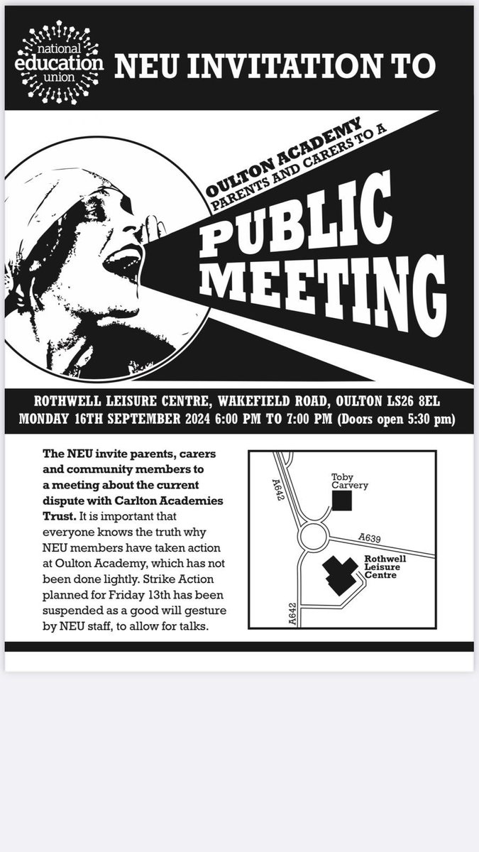A busy September at Leeds NEU. Please share this flyer regarding the ongoing strike action at <a href="/oulton_academy/">Oulton Academy</a> and @AcademyCAT1 contracts. <a href="/NEUYorksHumber/">NEU Yorkshire & Humber Region</a> <a href="/LeedsNews/">Yorkshire Evening Post</a> <a href="/leedslivenews/">LeedsLive News</a> <a href="/BBCLookNorth/">BBC Yorkshire</a>