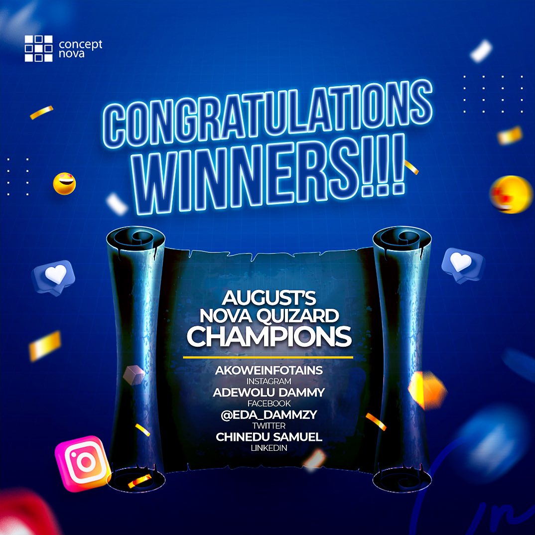 concept_nova's tweet photo. ๐ Congratulations to our August Trivia Champions! ๐
Ready for your turn? September could be YOUR time to win! โจ Play by the rules and follow instructions for a chance to be our next trivia champion!
Also,there would be no consecutive winners.
#TriviaChampions #ConceptNova https://t.co/sQ6l69kS7F