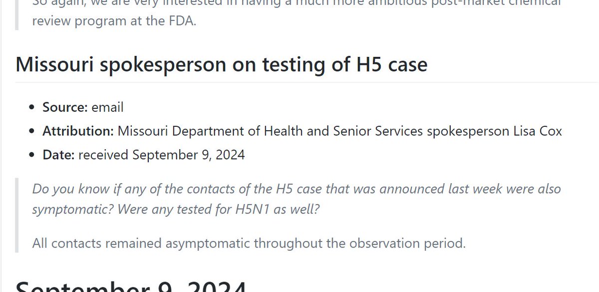 An update on probe of Missouri human case of H5 bird flu that <a href="/CDCgov/">CDC</a> confirmed last week

Spokesperson for state health department says:

"All contacts remained asymptomatic throughout the observation period."

tinalexander.github.io/notes/2024/09#…