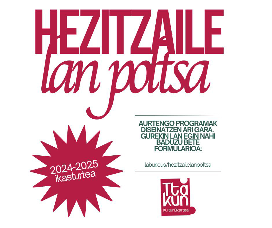 2024-2025 ikasturtean gurekin lan egin nahi duzu?

👉Bete formularioa:
docs.google.com/forms/d/1UT5Hx…

Irailaren 23a baino lehen

#ttakunke #begiraleak #lanpoltsa #lasarteoria