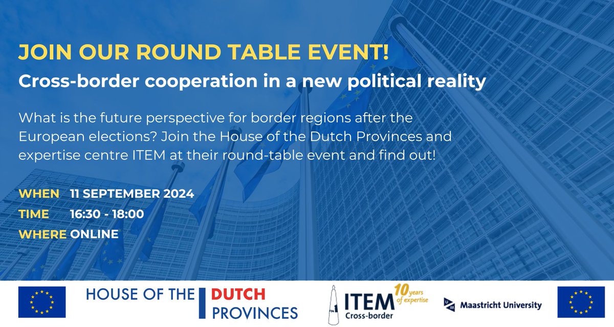 #EVENT | AND WE ARE LIVE!

What is the future perspective for border regions after the European elections? <a href="/HNPbrussel/">Huis van de Nederlandse Provincies</a> and <a href="/ITEM_UM/">ITEM Expertise Centre (Maastricht University)</a> welcome you to attend their fourth annual round table. The event has now started on YouTube, be sure to check it!

▶ Go to: youtube.com/watch?v=PzaieL…