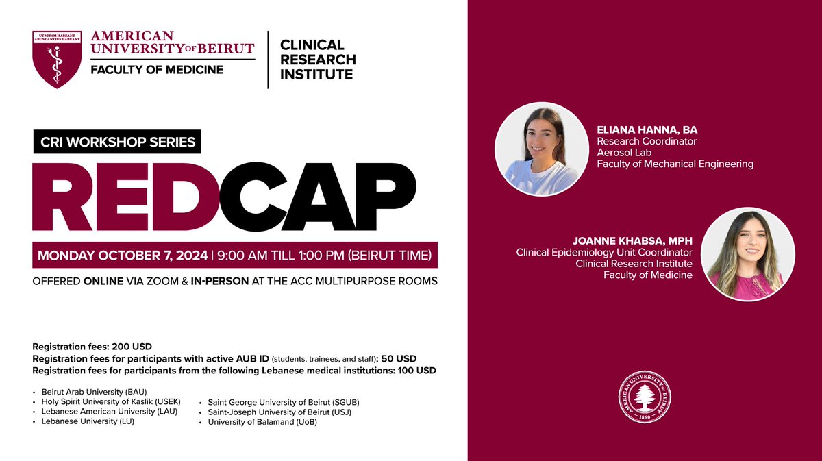Register now to our Workshop on REDCap taking place on Monday, October 7, 2024, from 9:00 AM to 1:00 PM (Beirut Time)👇                   redcap.aub.edu.lb/surveys/?s=TYH…

📅 Date: October 7, 2024
🕘 Time: 9:00 AM - 1:00 PM (Beirut Time)
💻 Online &amp; 🏢 In-person at ACC multipurpose rooms