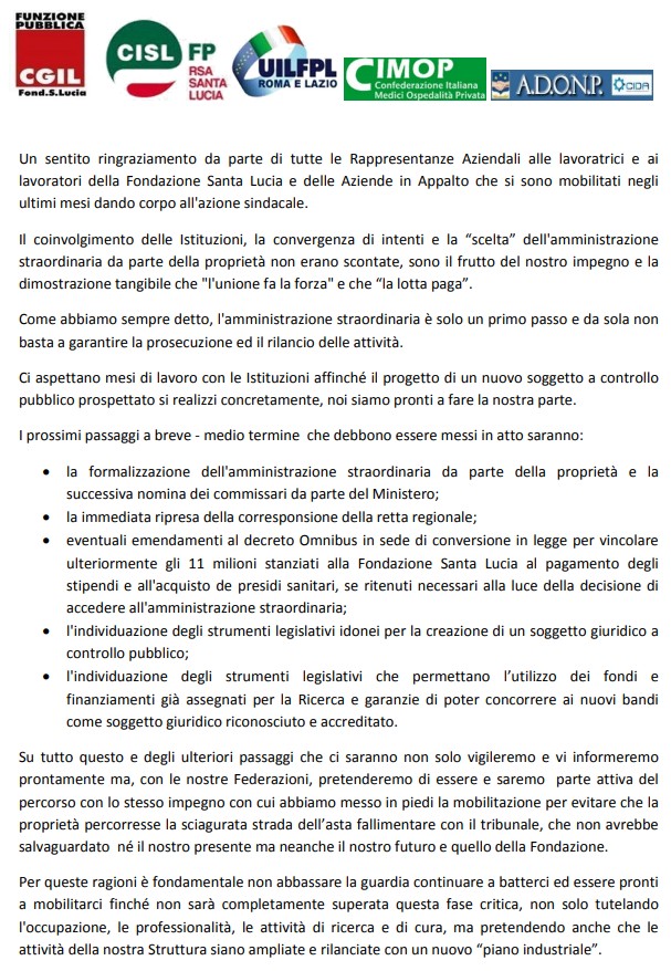 federicimauro's tweet photo. #FPCgilFondazioneSantaLucia:  #CiSiamo e continueremo ad esserci. Saremo parte attiva del percorso, non solo di tutela dell'occupazione e delle attività di ricerca e di assistenza, ma anche di ampliamento e rilancio della nostra struttura #FondazioneSantaLucia https://t.co/8JpXQzIjHM