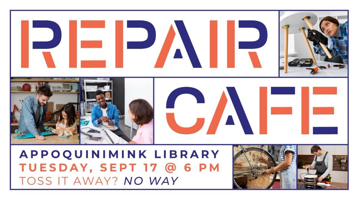 AppoLibrary's tweet image. Appoquinimink Library starts its own Repair Café September 17, 6-8pm.
What do you do with a broken toaster, a bike with a misaligned wheel, or a sweater with holes? Toss it? No way! Appoquinimink Library is launching their first Repair Café on Tuesday, September 17.