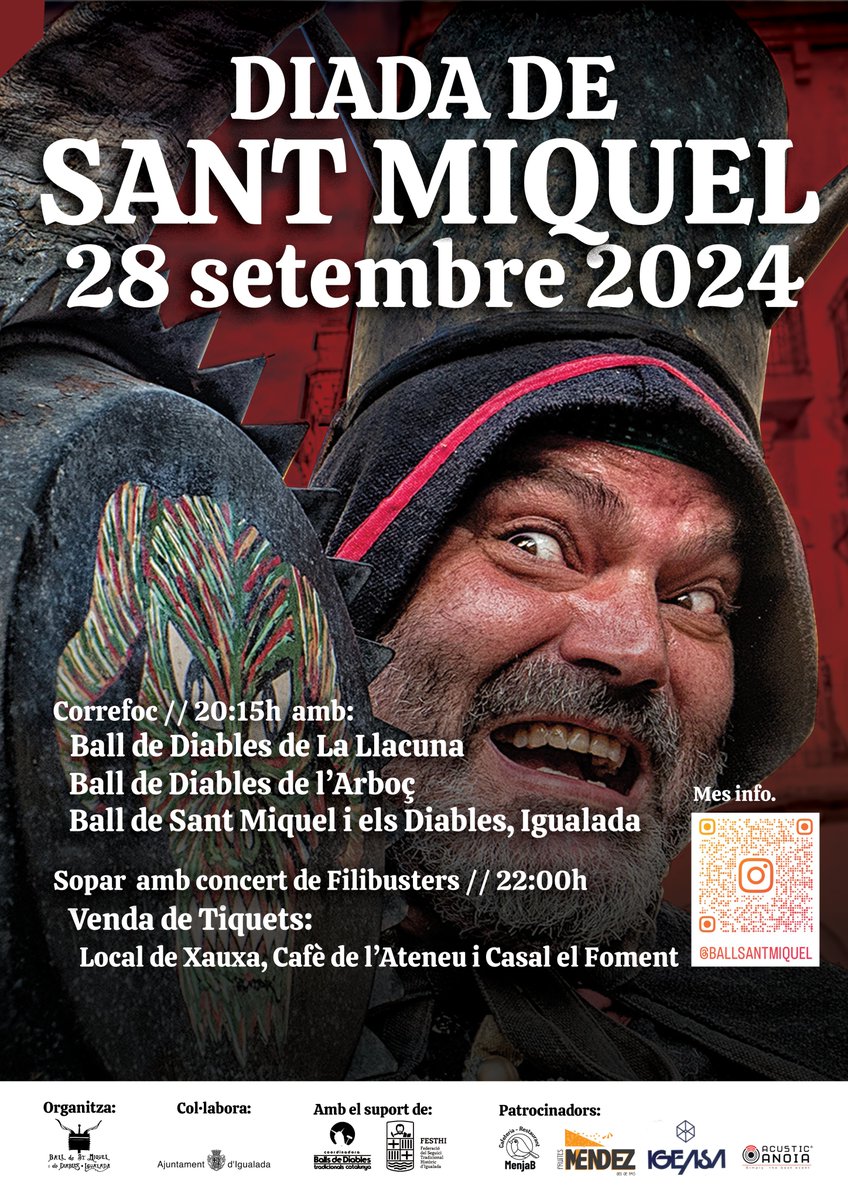 Dissabte 28 de setembre celebrarem la Diada de Sant Miquel amb el <a href="/diablesllacuna/">Diables La Llacuna</a>  i <a href="/DiablesdelArboc/">Diables de l'Arboç</a>.
Correfoc a 1/4 de 9 del vespre pel centre d'Igualada i sopar amb concert de <a href="/FilibustersGrup/">Filibusters</a> a partir de les 10 al Pati del Museu de la Pell d'Igualada.  Tiquets 👇