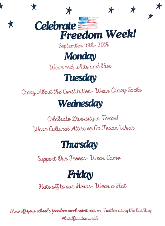 Celebrate Freedom Week is next week - 9/16 to 9/20. Have a little fun with us by dressing the part!