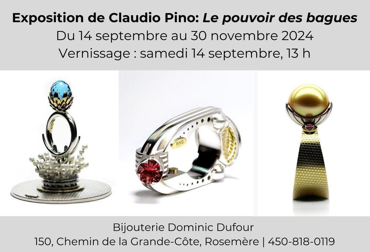 Design_CPino's tweet image. Vernissage ce 14 sept.  45 pièces uniques dont mes plus récentes créations lors de l’exposition “Claudio Pino : Le Pouvoir des Bagues”  // Opening, this Saturday 1pm. 45 one-of-a-kind pieces including my most recent creations during the exhibition Claudio Pino: The Power of Rings