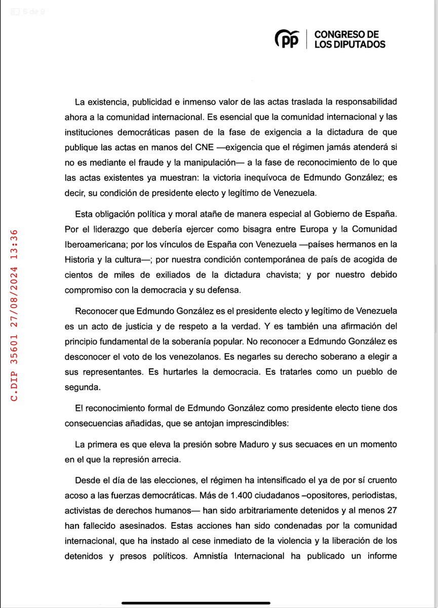 cayetanaAT's tweet photo. Texto íntegro de la Proposición No de Ley aprobada hoy en el Congreso:

(HILO)

Petitum:

1. Reconocer a Edmundo González como presidente electo de Venezuela.
2. Liderar ese reconocimiento en la Unión Europea.
3. Exigir a Maduro el fin inmediato de la represión.
4. Reforzar la seguridad de los líderes democráticos en Venezuela.
5. Rechazar las maniobras para soslayar el mandato del 28-J.
6. Respaldar a María Corina Machado y Edmundo González como únicos interlocutores legítimos para la transición.
7. Promover la restitución y ampliación de los sanciones a los jerarcas de la dictadura.
8. Apoyar la comparecencia del Centro Carter.
9. Apoyar la movilización de la diáspora.

@GPPopular @ConVzlaComando
