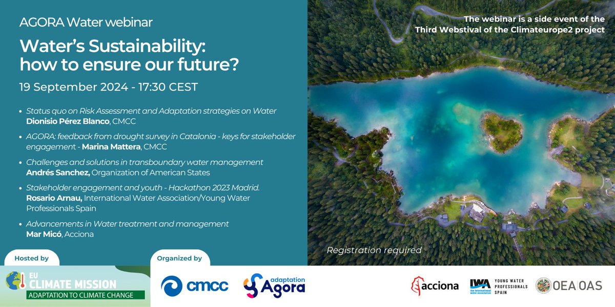 💡𝐣𝐨𝐢𝐧 𝐨𝐮𝐫 𝐰𝐞𝐛𝐢𝐧𝐚𝐫 "𝑊𝑎𝑡𝑒𝑟’𝑠 𝑆𝑢𝑠𝑡𝑎𝑖𝑛𝑎𝑏𝑖𝑙𝑖𝑡𝑦: ℎ𝑜𝑤 𝑡𝑜 𝑒𝑛𝑠𝑢𝑟𝑒 𝑜𝑢𝑟 𝑓𝑢𝑡𝑢𝑟𝑒?"!
🗓 19/09/2024, 17:30 CET
📍 Online
👥 Co-organized by <a href="/CmccClimate/">Fondazione Cmcc</a> and AGORA, hosted by #eumissionadaptation
👓 Info+registration: adaptationagora.eu/adaptation-ago…