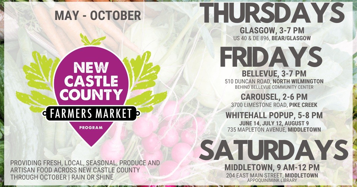 AppoLibrary's tweet image. New Castle County Farmers Market in Middletown! Saturdays, 9am-12pm.
Check out which vendors are there this week!
More info: newcastlede.gov/455/Farmers-Ma…
Follow: facebook.com/NCCFarmersMark…