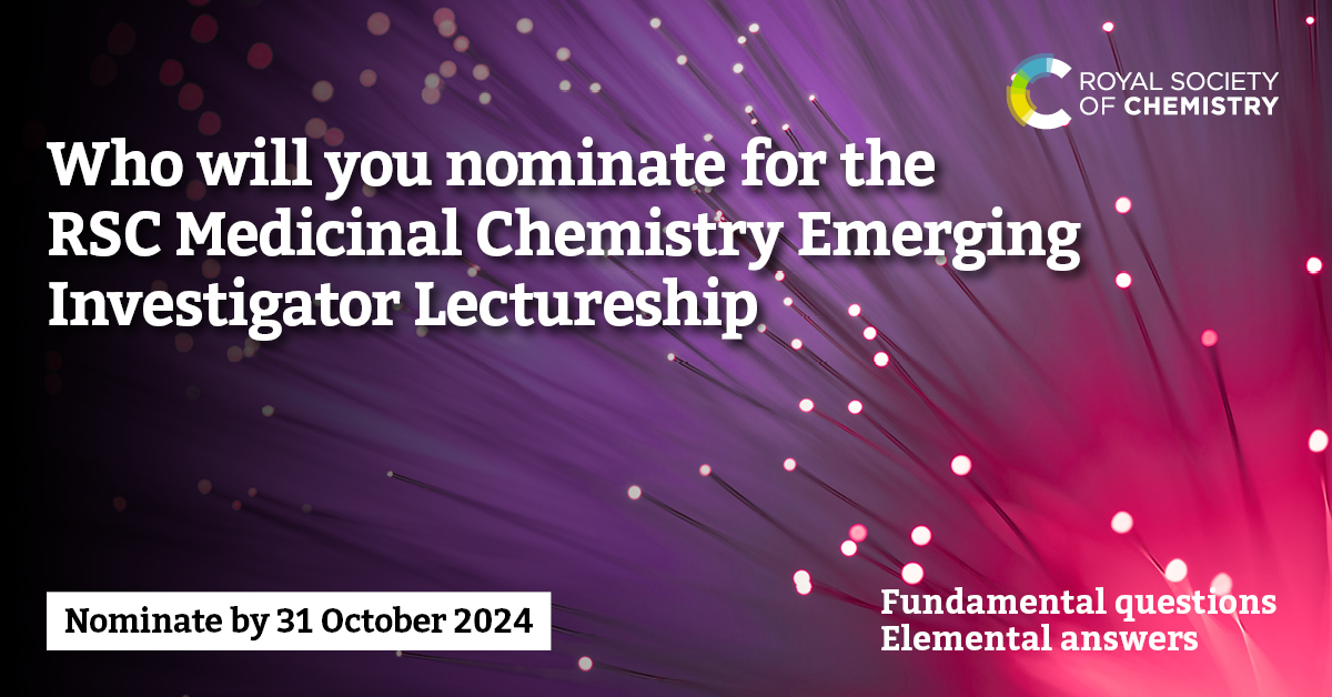 Do you know someone 12 years post-PhD working independently in the field of medicinal chemistry and drug discovery⁉

Why not nominate them for our 2025 Emerging Investigator Lectureship👀

⏰Nominations close 31 October 2024

More details here: rsc.org/journals-books…